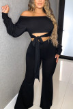 Black Work Daily Solid Bateau Neck Long Sleeve Two Pieces