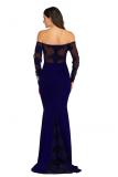 Royal blue Polyester Sexy Fashion adult Off The Shoulder Long Sleeves One word collar Mermaid Floor-Length Soli