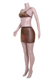 Dark Brown Fashion Sexy Solid See-through Backless Strap Design Spaghetti Strap Sleeveless Two Pieces