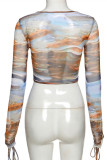 Green Fashion Sexy Print Hollowed Out See-through V Neck Tops