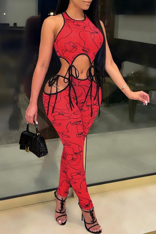 Red Sexy Print Bandage O Neck Sleeveless Two Pieces