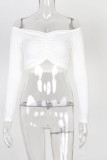 White Red Black Blue Pink Orange One word collar Long Sleeve Solid Tops