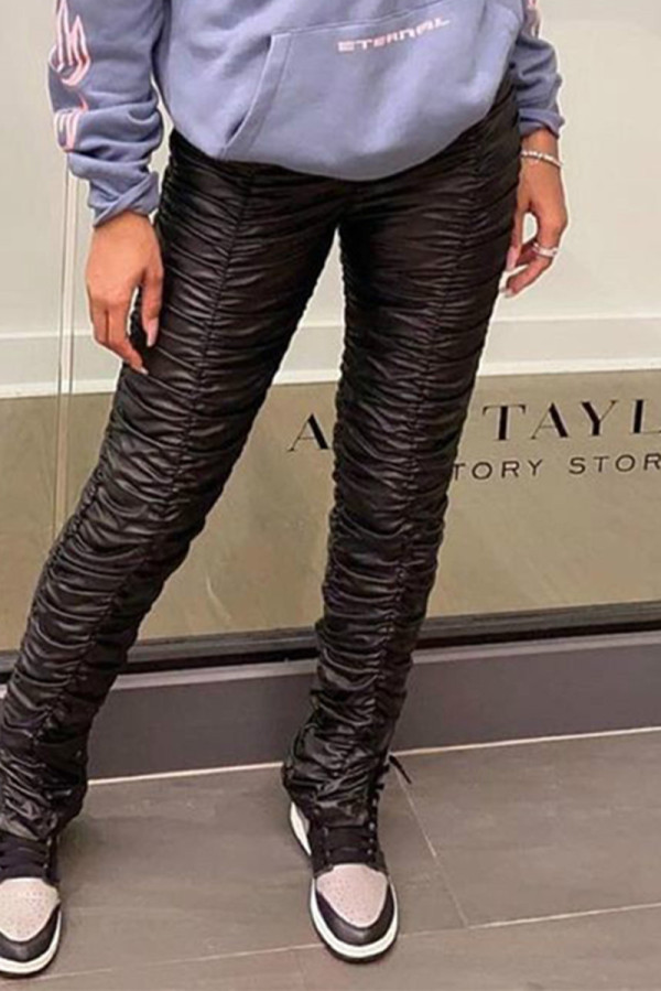 Black Fashion Casual Solid Fold Regular Mid Waist Trousers