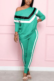 Green Spandex Fashion Sexy adult Ma'am Striped Patchwork Two Piece Suits pencil Long Sleeve Two Pieces