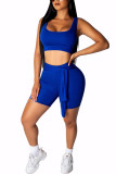 Blue Polyester Fashion Active Patchwork Solid Two Piece Suits Straight Sleeveless Two Pieces