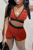 Red Sexy Print Patchwork V Neck Sleeveless Two Pieces