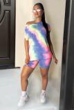 Blue Polyester Fashion Casual Two Piece Suits Tie Dye asymmetrical Loose Short Sleeve Two-Piece Short Se