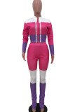 Pink Fashion adult Ma'am Street Patchwork contrast color Two Piece Suits Straight Long Sleeve Two Pieces