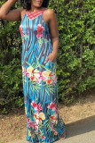 Blue Fashion Sexy Print Hollowed Out Spaghetti Strap Sleeveless Dress