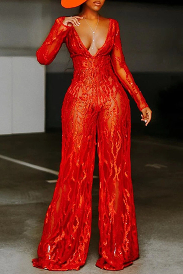 Red Fashion Casual Solid Patchwork V Neck Regular Jumpsuits