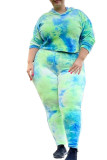 Light Green Casual Polyester Twilled Satin Print Tie-dye Hooded Collar Plus Size