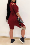 Red Casual Solid Patchwork O Neck Short Sleeve Two Pieces