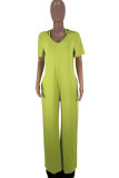 Green Fashion Sexy Solid Patchwork Polyester Short Sleeve V Neck Jumpsuits