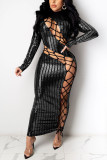 Blue Sexy Solid Hollowed Out Sequins Split Joint Frenulum O Neck Pencil Skirt Dresses