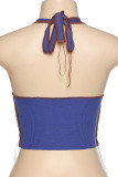 Blue V Neck Sleeveless contrast color HOLLOWED OUT Tops