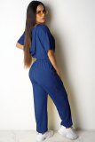 Blue Polyester Fashion Sexy Patchwork Solid Straight Two-piece Pants Set