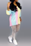 Multicolor Casual Color Block Buttons Turndown Collar Shirt Dress Dresses