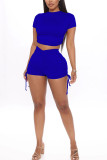Blue venetian Fashion Sexy Solid backless Two Piece Suits pencil Short Sleeve Two Pieces