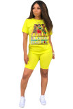 Fluorescent green Polyester Fashion Casual adult Letter Patchwork Print Two Piece Suits Straight Short Sleeve Two Pieces