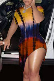 Yellow Sexy Print Tie-dye O Neck Asymmetrical Dresses