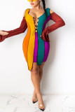 Deep Blue Fashion Sexy Patchwork Hollowed Out Strap Design Asymmetrical O Neck Long Sleeve Dress
