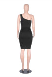 Blue Fashion Sexy Solid Hollowed Out One Shoulder Sleeveless Dress