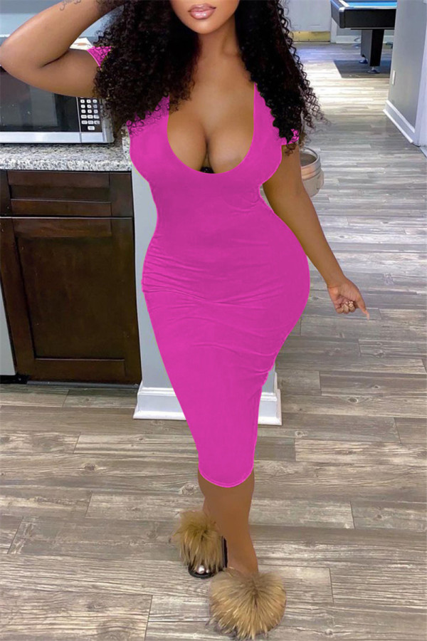 Rose Red Fashion Sexy Solid Basic V Neck Short Sleeve Dress