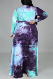 Blue Purple Fashion Casual Print Tie-dye V Neck Long Sleeve Plus Size Dress
