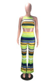 Green Polyester Fashion adult Sexy backless Print crop top Striped Two Piece Suits Boot Cut Sleeveless Tw
