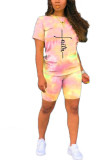 Pink Fashion Active adult Ma'am Patchwork Print Two Piece Suits pencil Short Sleeve Two Pieces