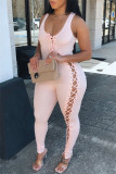 Pink Fashion Casual Solid Hollowed Out Strap Design O Neck Skinny Jumpsuits