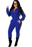 Blue Polyester Casual Two Piece Suits Patchwork Solid Loose Long Sleeve Two-piece Pants Set