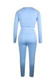 Baby Blue Sexy Solid Split Joint O Neck Long Sleeve Two Pieces