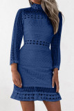Blue Fashion Casual Solid Basic Turtleneck Long Sleeve Dresses