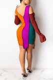 Deep Blue Fashion Sexy Patchwork Hollowed Out Strap Design Asymmetrical O Neck Long Sleeve Dress