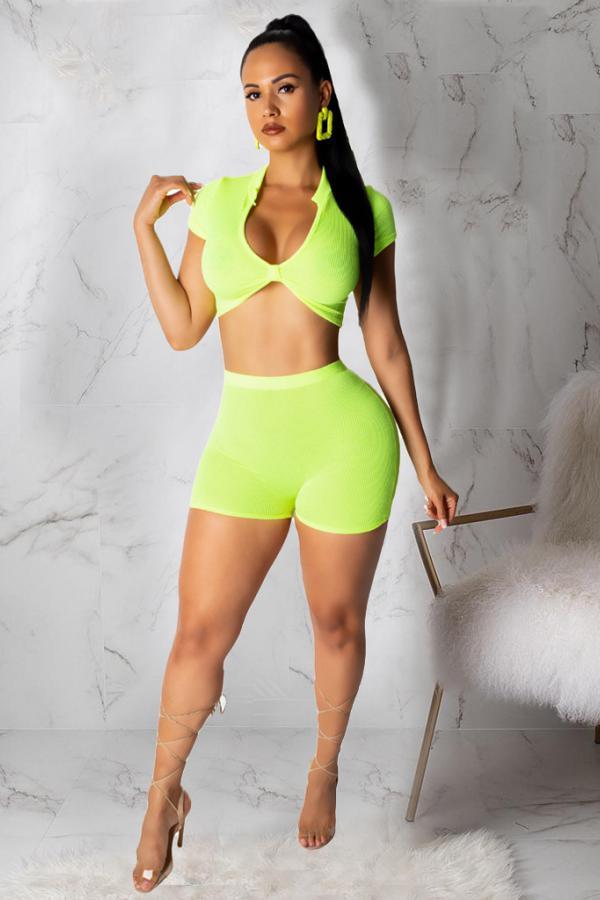 Green Sexy Solid pencil Short Sleeve Two-Piece Short Set