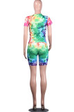 Green Fashion adult Street Patchwork Print Tie Dye Two Piece Suits Straight Short Sleeve Two Pieces