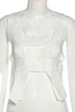 White Sexy Patchwork Solid Hollowed Out Backless V Neck Tops