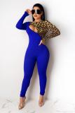 Blue Fashion Sexy Leopard grain Asymmetrical Patchwork zipper Print Polyester Long Sleeve O Neck