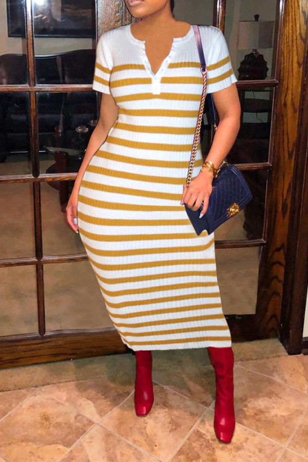 Yellow Sexy Striped Print Patchwork V Neck Dresses
