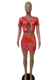 Pink Sexy Print Patchwork U Neck Short Sleeve Two Pieces