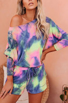 Blue Polyester Fashion Casual adult Patchwork Print Tie Dye Gradient Two Piece Suits Straight Half Sleeve Two Pieces