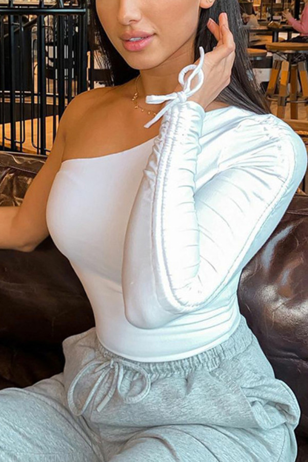 White Fashion Sexy Casual Strapless Long Sleeve One Shoulder Short Tops