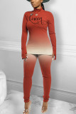 Red Casual Gradual Change Print O Neck Long Sleeve Two Pieces