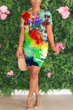 Cyan Polyester Fashion Street Print Two Piece Suits Straight Short Sleeve Two Pieces
