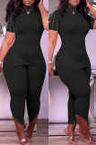 Pink Fashion Casual Solid Slit Beading Turtleneck Short Sleeve Two Pieces