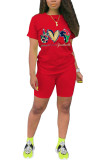 Red Fashion Casual Print Straight Short Sleeve Two Pieces