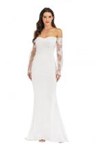 White Polyester Sexy Fashion adult Off The Shoulder Long Sleeves One word collar Mermaid Floor-Length Soli