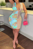 Pink Fashion Sexy Print Patchwork See-through Zipper Collar Sleeveless Dress