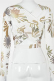 Light Green Sexy Print Hollowed Out V Neck Mid Waist Tops